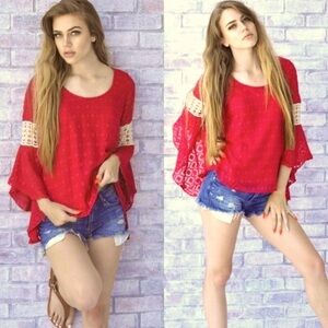 VA VA Boho Embroidered Crocheted Sleeve Detail Top